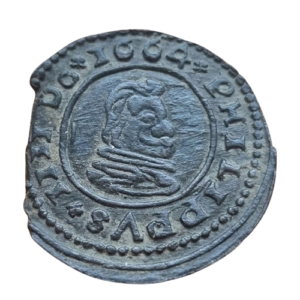Felipe IV Trujillo 16 maravedís 1664. Final de riel. (MBC)