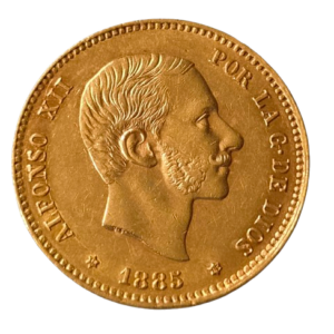 Alfonso XII 25 pesetas 1885 * 18 * 85. Muy escasa. AU. Peso: 8,04 gr. EBC