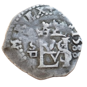 FELIPE II 1/2 REAL SEVILLA D 1588 HISPANIARVM en  ANVERSO Y REVERSO. Ag. Peso: 1,7 gr. BC+