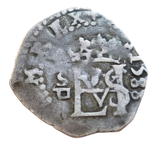 FELIPE II 1/2 REAL SEVILLA D 1588 HISPANIARVM en ANVERSO Y REVERSO. Ag. Peso: 1,7 gr. BC+