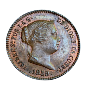 Isabel II. 10 céntimos 1859. Restos de brillo original. Ae. SC-