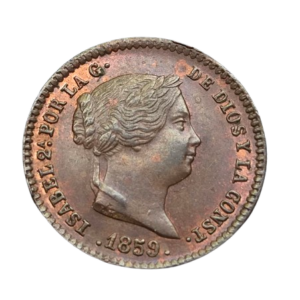 Isabel II. 5 céntimos 1859. Brillo original. Ae. SC