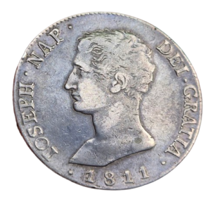 José Napoleón. Madrid A.I. 20 reales 1811. Ag. Peso: 26,86gr. MBC-/MBC. Pátina acerada