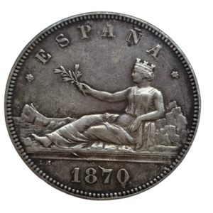ESPAÑA. 5 pesetas 1870 *18 *70 Pátina. Ag. Peso: 24.96gr. Bonito MBC+